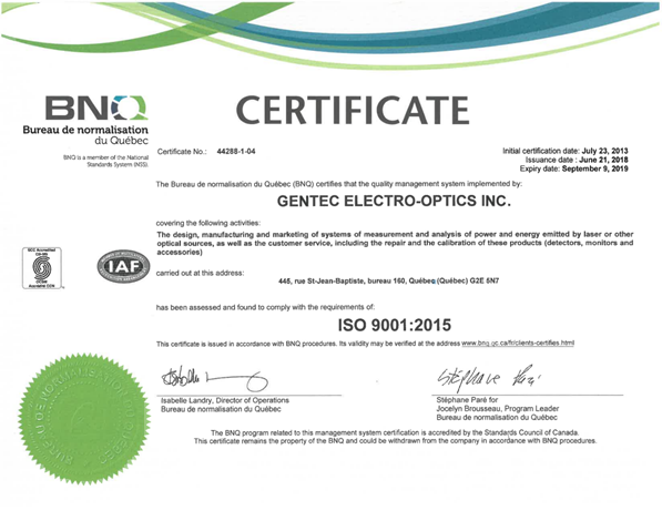 Gentec-EO ISO 9001-2015 certification